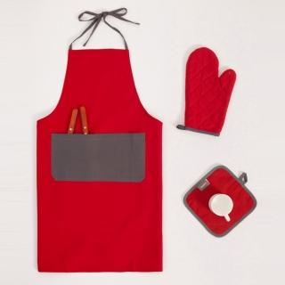 【伊美居】圍裙+隔墊手套+隔熱墊組(紅色、黑色)