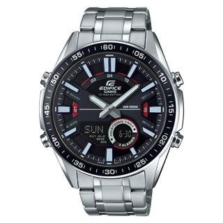 【CASIO 卡西歐】EDIFICE EFV-C100D-1A 雙顯男錶 不鏽鋼錶帶 黑X紅錶面 防水100米(EFV-C100D-1A)
