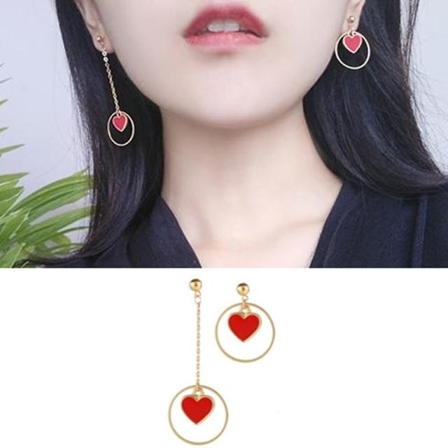 【Emi 艾迷】韓系 傾訴愛情愛心耳圈不對稱垂墜 耳環
