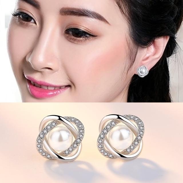 【Emi 艾迷】韓系華麗鋯石珍珠揉合 925銀針 耳環