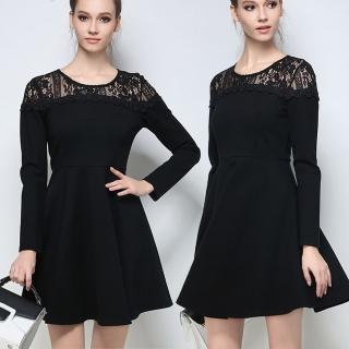 【麗質達人】2650黑色蕾絲長袖洋裝(特價商品)