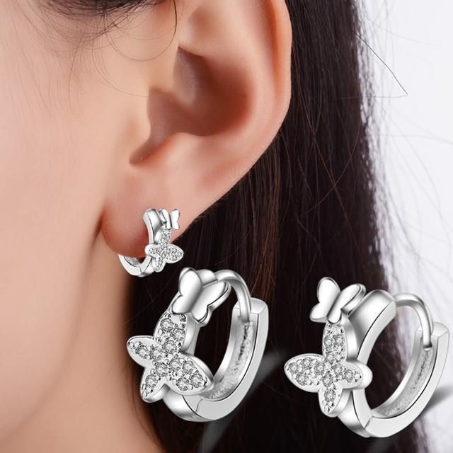 【Emi 艾迷】韓系925銀針甜蜜相隨大小蝴蝶環繞鋯石 耳環 耳扣