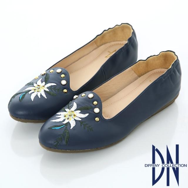 【DN】浪漫甜美 花朵刺繡真皮平底鞋(藍)