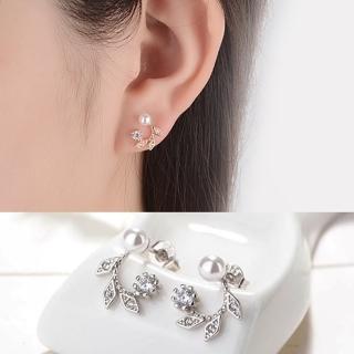 【Emi 艾迷】韓系美好季節花葉勾勒鋯石微鑲珍珠 耳環 925銀針