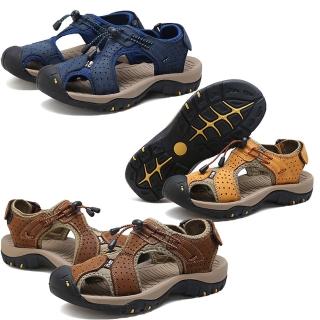 【Taroko】戶外運動工學氣墊全真牛皮涼鞋(藍色卡其色黃色3色全尺碼)