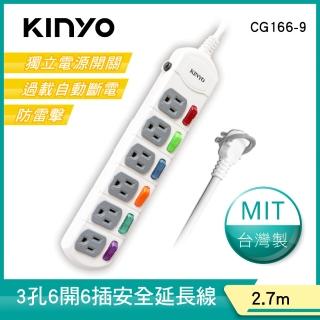 【KINYO】6開6插安全延長線2.7M(CG166-9)