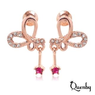 【Quenby】925純銀 氣質甜美蝴蝶結鑲紅寶石垂吊耳環/耳針(耳環/配件/交換禮物)