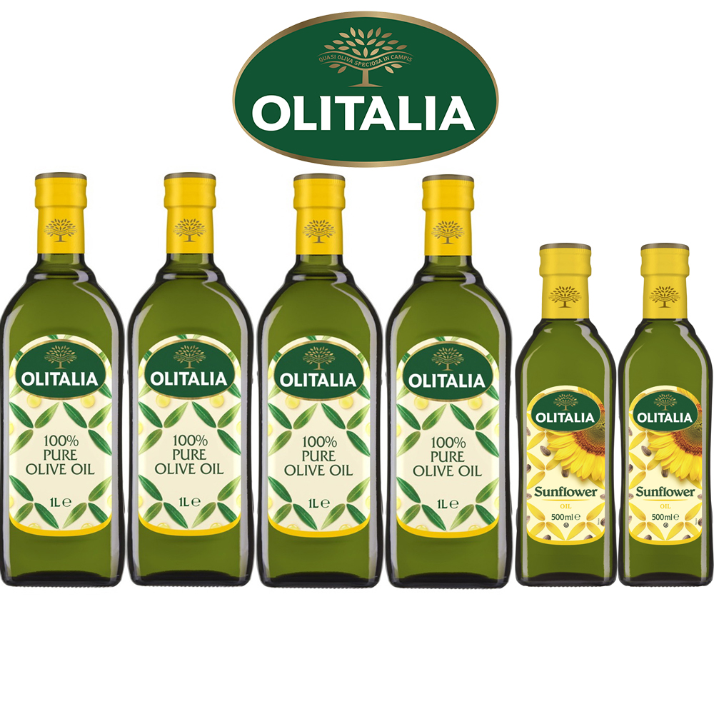 奧利塔橄欖油 香純溫和橄欖果香【Olitalia 奧利塔】純橄欖油1000mlx4瓶(+頂級葵花油500mlx2瓶-禮盒組)