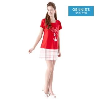 【Gennies 奇妮】船錨渡假風哺乳洋裝-紅/藍(哺乳衣 短袖哺乳衣 側開扣 上掀哺乳)