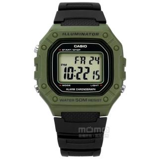 【CASIO 卡西歐】復古方型 計時碼錶 LED照明 鬧鈴 電子 橡膠手錶 墨綠x黑 42mm(W-218H-3A)