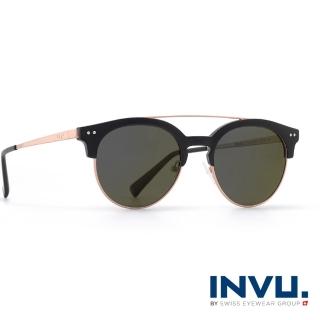 【INVU瑞士】來自瑞士濾藍光偏光雙樑復古圓眉框聯名款太陽眼鏡(黑 M2801A)