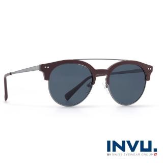 【INVU瑞士】來自瑞士濾藍光偏光雙樑復古圓眉框聯名款太陽眼鏡(酒紅 M2801C)