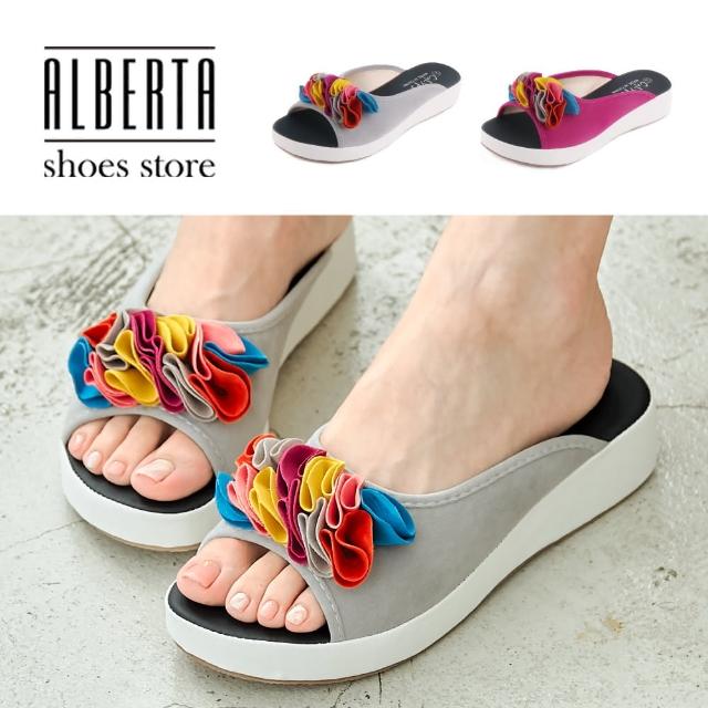 【Alberta】拖鞋-跟高4cm 絨面楔型涼拖鞋 穆勒拖鞋 彩色立體花造型鞋面 魚口拖鞋
