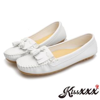 【KissXXX】MIT足弓機能厚乳膠真皮墊小流蘇莫卡辛豆豆鞋(白)