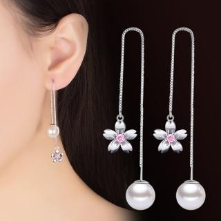 【Emi 艾迷】韓系浪漫櫻花飄放點鑽珍珠 耳線 耳環 925銀針