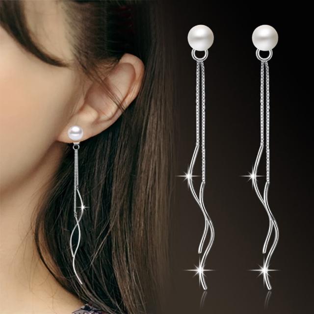 【Emi 艾迷】韓系 925銀針 優雅典範珍珠水波流線垂墜 耳環
