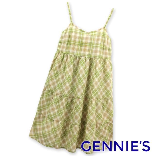 【Gennies 奇妮】輕甜銀蔥格紋細肩帶洋裝(橘格紋/綠格紋G1134)
