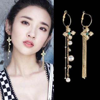 【Emi 艾迷】韓系925銀針華麗凡爾賽十字珍珠鋯石不對稱 流蘇 耳環