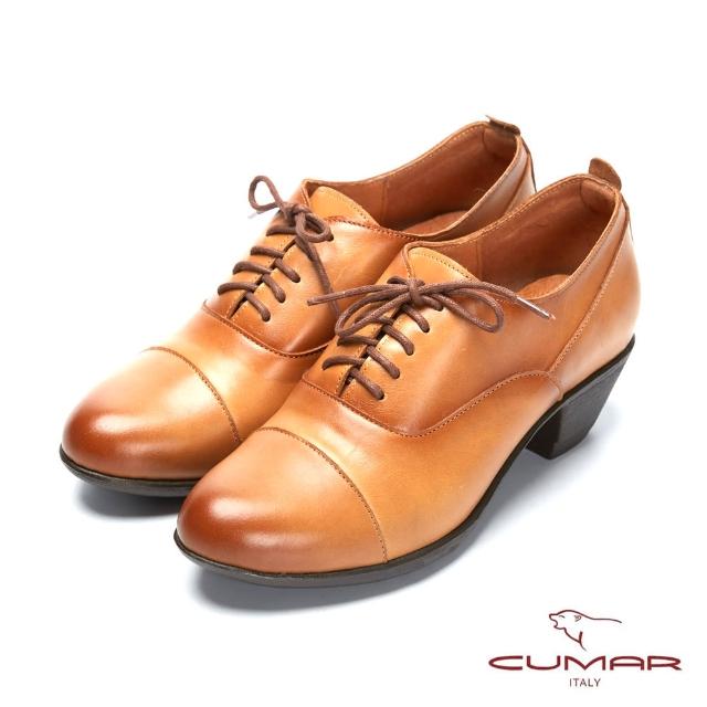 【CUMAR】簡約步調 - 擦色綁帶尖頭粗跟踝靴(棕色)