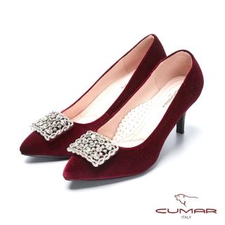 【CUMAR】璀璨閃耀-奢華巴洛克風情方形鏤空鑽飾釦天鵝絨高跟鞋(酒紅色)
