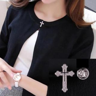 【JC Collection】時尚個性水晶十字架造型百搭刺馬針(白金)