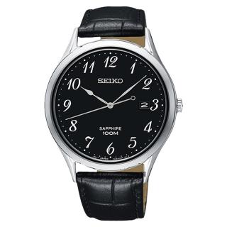【SEIKO 精工】石英男錶 皮革錶帶 黑 藍寶石玻璃鏡面 防水100米 日期顯示(SGEH77P1)