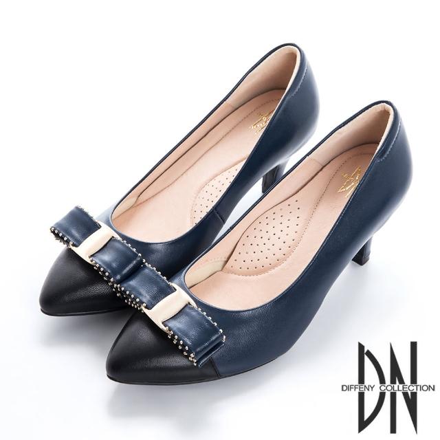 【DN】都會時尚 立體飾釦雙色尖頭跟鞋(藍)