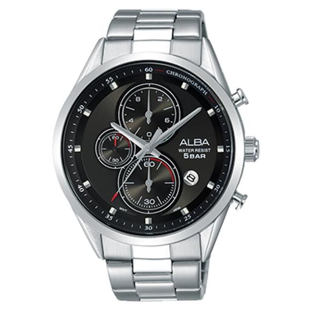 【ALBA】送禮首選 三眼計時男錶 不鏽鋼錶帶 黑 防水50米 日期顯示 分段時間(AM3427X1)