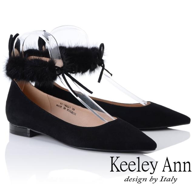 【Keeley Ann】氣質甜美~毛絨兔耳腳踝綁帶全真皮平底鞋(黑色875602110-Ann系列)