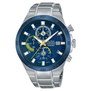 【ALBA】送禮首選 三眼計時男錶 不鏽鋼錶帶 藍+黃 防水100米 分段時間 日期顯示(AM3297X1)