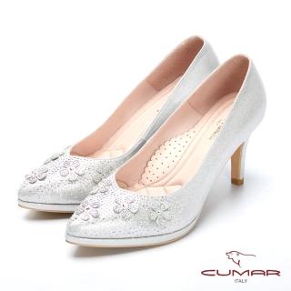 【CUMAR】璀璨閃耀-立體花卉水鑽點綴防水台高跟鞋(銀色)