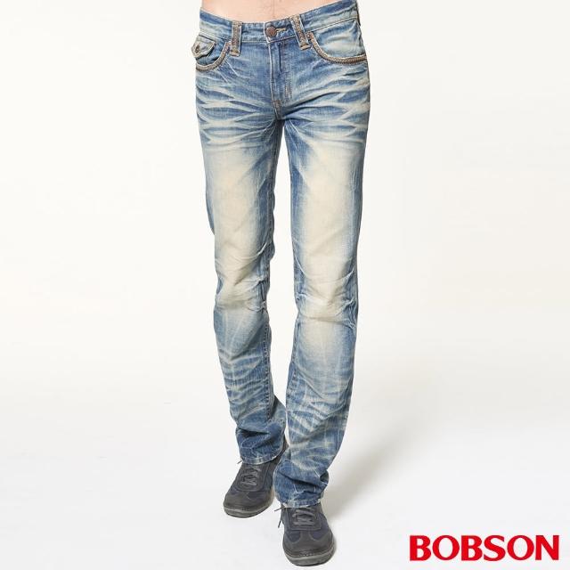 【BOBSON】男款立體貓鬚壓摺直筒褲(藍1747-53)