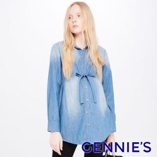 【Gennies 奇妮】復古刷色開襟牛仔綁帶上衣(藍T3E13)