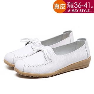 【艾美時尚】現貨女鞋 小白鞋 真牛皮拼接車線休閒豆豆鞋(5色)