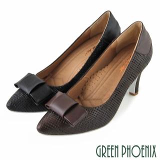 【GREEN PHOENIX 波兒德】女款立體寬版蝴蝶結全真皮尖頭高跟鞋(咖啡色、黑色)