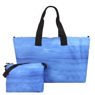 【agnes b.】雲彩圖樣購物包-附小手提包(藍)