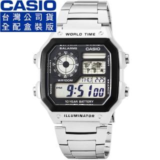 【CASIO 卡西歐】CASIO 卡西歐多時區鬧鈴電子鋼帶錶-黑(AE-1200WHD-1A 公司貨全配盒裝)