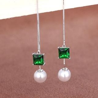 【Emi 艾迷】瑰綠方塊簡約珍珠 耳線 耳環