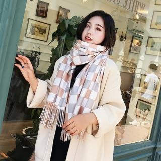 【Emi 艾迷】韓系 圍巾 暖暖拼色方格 保暖 仿羊絨 披肩