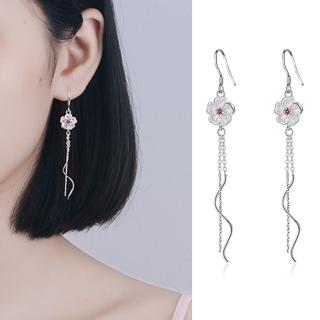 【Emi 艾迷】韓國925銀針粉嫩之心櫻花獨綻水波流線耳環