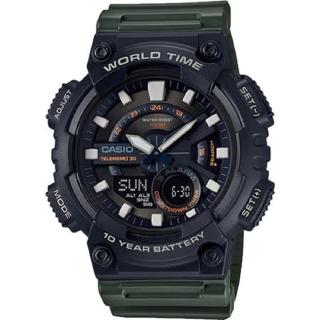 【CASIO 卡西歐】世界地圖設計造型概念雙顯錶-墨綠X黑(AEQ-110W-3A)