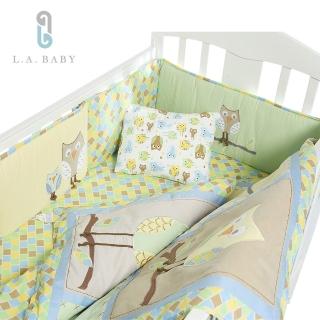 【L.A. Baby】貓頭鷹純棉八件組寢具（L）(淺綠色)