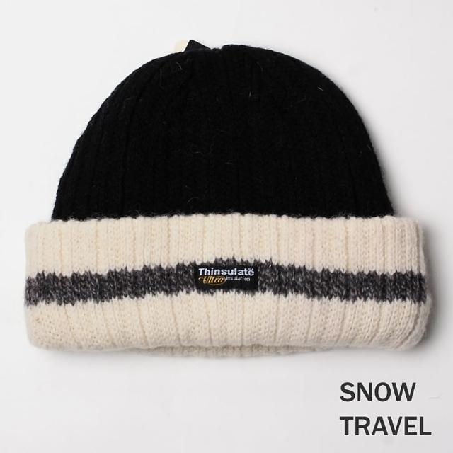 【SNOW TRAVEL】3M防風透氣保暖羊毛帽 條紋摺邊(黑色)
