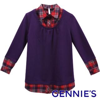 【Gennies 奇妮】格紋拼接假二件上衣(紫/灰G3251)