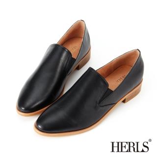 【HERLS】品味生活 全真皮素面橢圓頭樂福鞋(黑色)