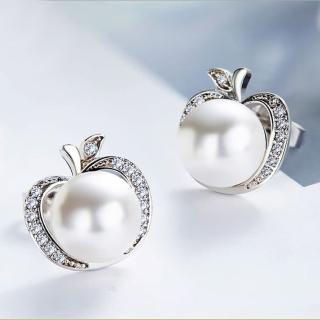 【Angel】珍珠蘋果甜美水鑽珍珠耳環(珠光銀)