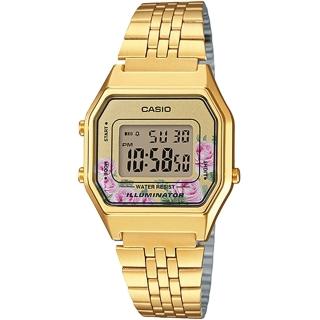 【CASIO 卡西歐】電子女錶 不鏽鋼錶帶 玫瑰花樣 防水 碼錶功能 全自動月曆(LA680WGA-4C)
