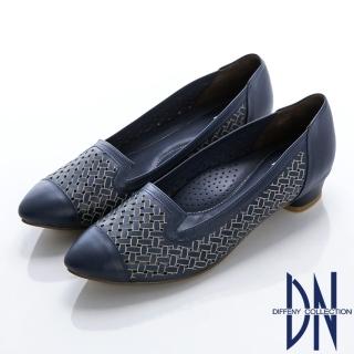 【DN】優雅時尚 質感簍空雕刻真皮跟鞋(藍)