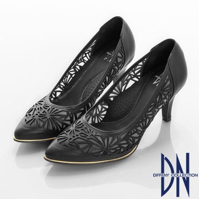 【DN】俐落時尚 質感簍空電雕真皮舒適跟鞋(黑)