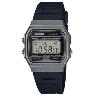 【CASIO 卡西歐】復古方形電子男錶 樹脂錶帶 黑色錶面 防水 碼錶功能(F-91WM-1B)